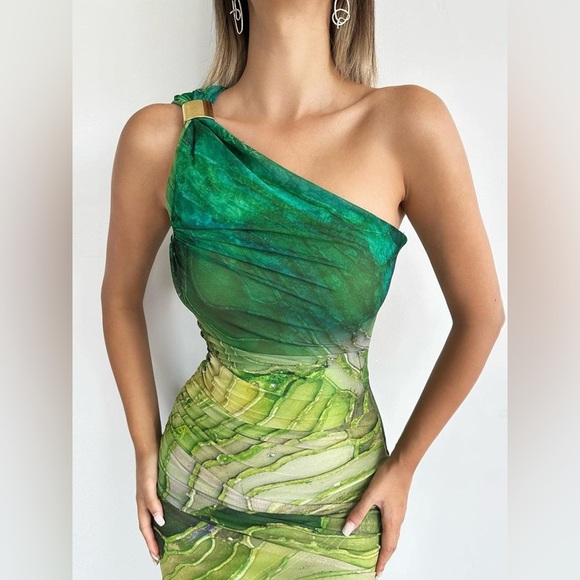 One Shoulder Printed Bodycon Maxi Dress - Picture 2 of 9